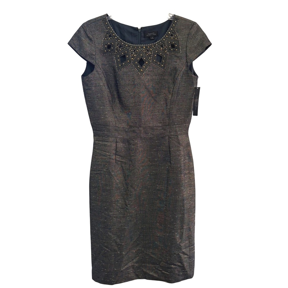Tahari Arthur S. Levine Dress Womens 6 Black Gold Beaded Sheath Cocktail NWT